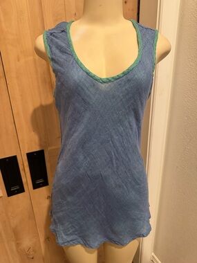 FLAX pastel Blue Sleeveless V-Neck Tank with Green Trim 100% linen. Sz Small